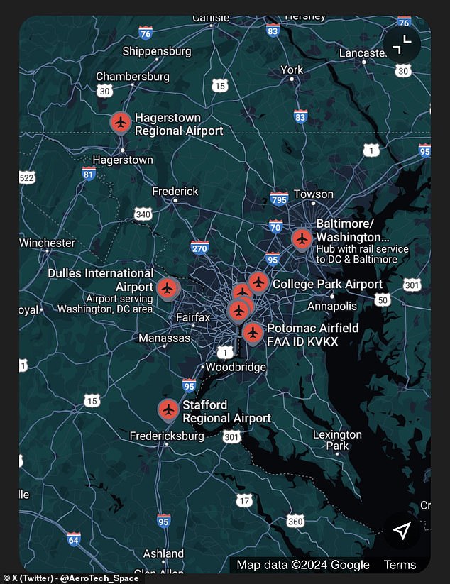 Average Chris also accused UFO influencers of suppressing explanations for a citizen video that appears to depict UFOs swarming above Washington DC (below). 'My post (above) shows that these are commercial airplanes lining up to land at the several airports in the area,' he noted