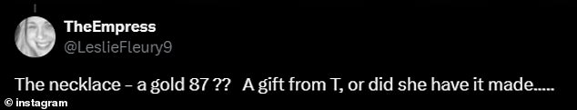 A fan also pointed out Donna's gold piece and wrote, 'The necklace - a gold 87?? A gift from T, or did she have it made.....'