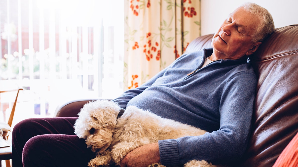 Senior man asleep at home on his sofa with his pet dog curled up next to him.