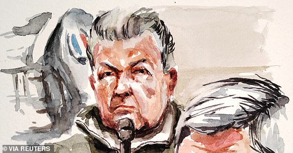 Dominique Pelicot, who has allegedly drugged and raped his then-wife Gisele Pelicot, appears with his lawyer Beatrice Zavarro at the courthouse in Avignon, France, December 16, 2024 in this courtroom sketch. ZZIIGG via REUTERS NO RESALES. NO ARCHIVES.