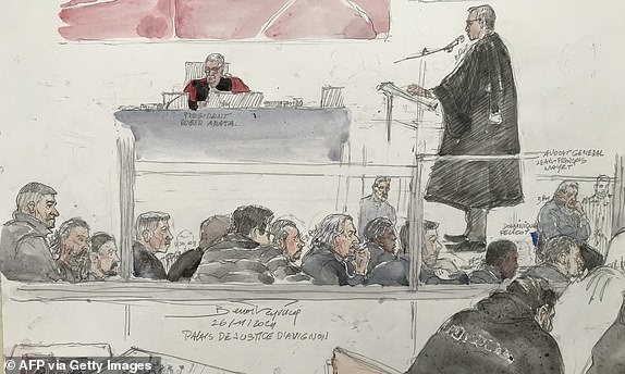 This court sketch created at the Avignon courthouse in Avignon, south-eastern France, on November 26, 2024, shows presiding judge Roger Arata (Top L), public prosecutor Jean-Francois Mayet and defendant Dominique Pelicot during the trial of defendant Dominique Pelicot in which he is accused of drugging his wife Gisele Pelicot for nearly ten years and inviting strangers to rape her at their home in Mazan, a small town in the south of France. On November 25, 2024, the public prosecutor's office called for the maximum sentence of 20 years' imprisonment for Dominique Pelicot, who for a decade drugged, raped and then had his wife raped by dozens of men recruited over the Internet in south-east France. (Photo by Benoit PEYRUCQ / AFP) (Photo by BENOIT PEYRUCQ/AFP via Getty Images)