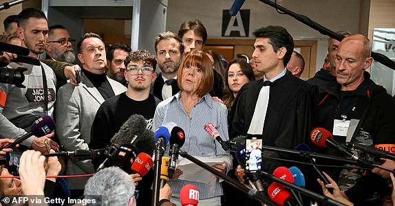 Gisele Pelicot addresses the press as she leaves the courthouse after hearing the verdict of the court that sentenced her ex-husband to the maximum term of 20 years jail for committing and orchestrating her mass rapes with dozens of strangers he recruited online, in Avignon on December 19, 2024. Dominique Pelicot, who had already confessed to the crimes, was earlier found guilty by the court in the southern city of Avignon after an over three-month trial that shocked France and turned his former wife Gisele into a feminist hero. His 50 co-defendants in the case were also convicted by the court, with no acquittals. (Photo by Miguel MEDINA / AFP) (Photo by MIGUEL MEDINA/AFP via Getty Images)