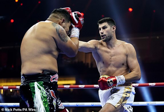 Andrii Novytskyi (right) and Edgar Ramirez during the WBC International Heavyweight contest at the Kingdom Arena in Riyadh, Saudi Arabia. Picture date: Saturday December 21, 2024. PA Photo. See PA story BOXING Fury. Photo credit should read: Nick Potts/PA Wire.RESTRICTIONS: Use subject to restrictions. Editorial use only, no commercial use without prior consent from rights holder.