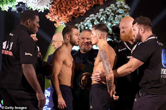 RIYADH, SAUDI ARABIA - DECEMBER 20: Isaac Lowe and Lee McGregor during the weigh-in of the Vacant WBC International Featherweight Championship as part of Oleksandr Usyk v Tyson Fury 2 at  on December 20, 2024 in Riyadh, . (Photo by Richard Pelham/Getty Images)