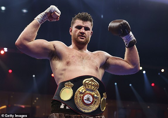 RIYADH, SAUDI ARABIA - DECEMBER 21: Johnny Fisher celebrates victory with his belt following the Heavyweight fight between Johnny Fisher and David Allen as part of Oleksandr Usyk v Tyson Fury 2, Reignited card at Kingdom Arena on December 21, 2024 in Riyadh, Saudi Arabia. (Photo by Richard Pelham/Getty Images)