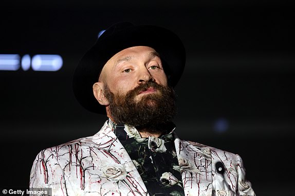 RIYADH, SAUDI ARABIA - DECEMBER 19: Tyson Fury looks on ahead of the IBF, IBO, WBA, WBC and WBO Undisputed World Heavyweight Title fight between Oleksandr Usyk and Tyson Fury during a press conference as part of Oleksandr Usyk v Tyson Fury 2 at Via Riyadh on December 19, 2024 in Riyadh, Saudi Arabia. (Photo by Richard Pelham/Getty Images)