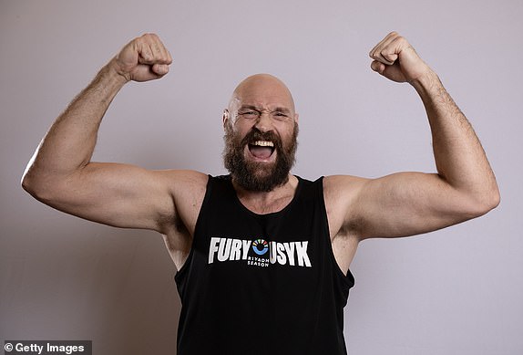 RIYADH, SAUDI ARABIA - DECEMBER 16: Tyson Fury poses for a portrait ahead of the IBF, IBO, WBA, WBC and WBO Undisputed World Heavyweight Title fight between Oleksandr Usyk and Tyson Fury during the media day as part of Oleksandr Usyk v Tyson Fury 2 at the Hilton Residence on December 16, 2024 in Riyadh, Saudi Arabia. (Photo by Richard Pelham/Getty Images)