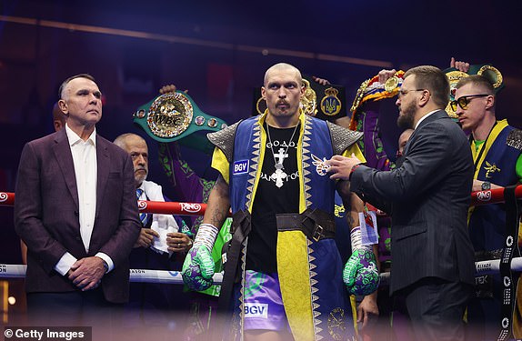 RIYADH, SAUDI ARABIA - DECEMBER 21: Oleksandr Usyk and his manager Egis Klimas (R) look on ahead of the IBF, IBO, WBA, WBC and WBO Undisputed World Heavyweight titles' fight between Oleksandr Usyk and Tyson Fury as part of Oleksandr Usyk v Tyson Fury 2, Reignited card at Kingdom Arena on December 21, 2024 in Riyadh, Saudi Arabia. (Photo by Richard Pelham/Getty Images)