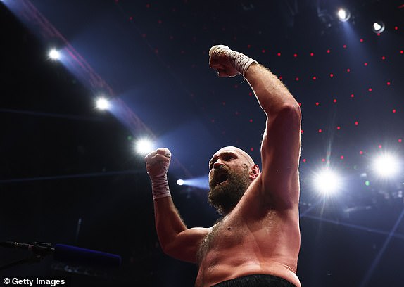 RIYADH, SAUDI ARABIA - DECEMBER 21: Tyson Fury reacts following the IBF, IBO, WBA, WBC and WBO Undisputed World Heavyweight titles' fight between Oleksandr Usyk and Tyson Fury as part of Oleksandr Usyk v Tyson Fury 2, Reignited card at Kingdom Arena on December 21, 2024 in Riyadh, Saudi Arabia. (Photo by Richard Pelham/Getty Images)