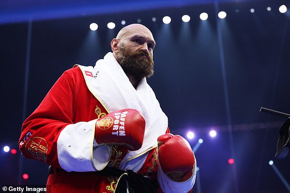 RIYADH, SAUDI ARABIA - DECEMBER 21: Tyson Fury looks on ahead of the IBF, IBO, WBA, WBC and WBO Undisputed World Heavyweight titles' fight between Oleksandr Usyk and Tyson Fury as part of Oleksandr Usyk v Tyson Fury 2, Reignited card at Kingdom Arena on December 21, 2024 in Riyadh, Saudi Arabia. (Photo by Richard Pelham/Getty Images)