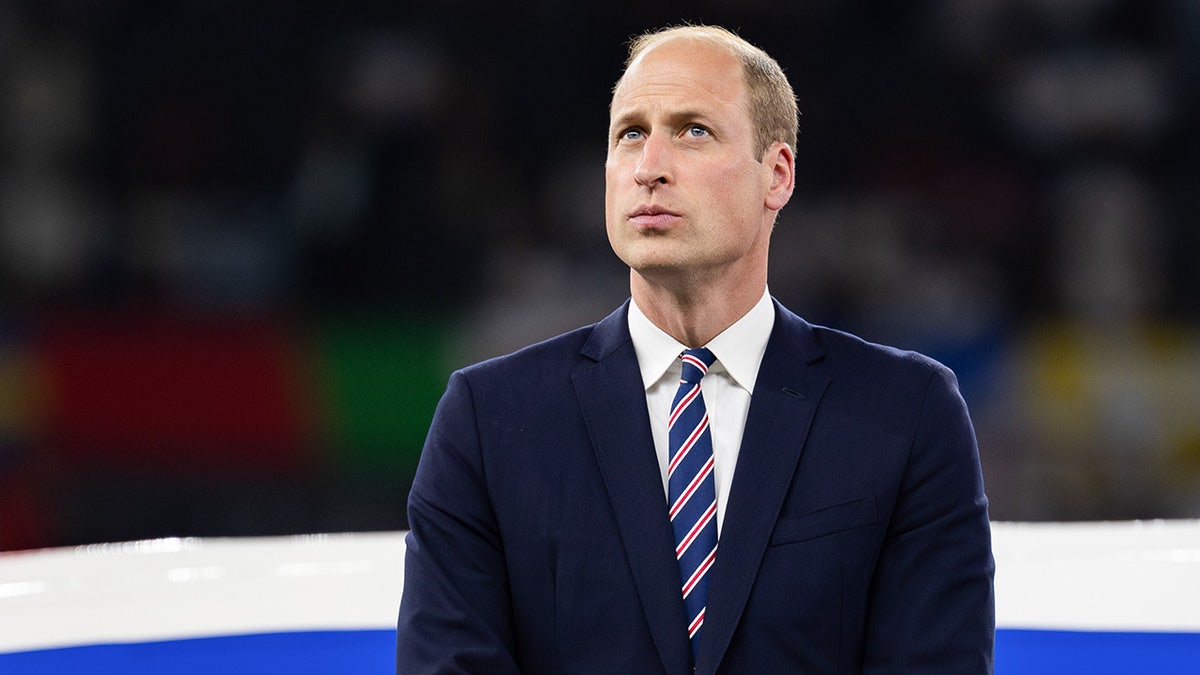 Prince William in a navy suit and striped tie looking up