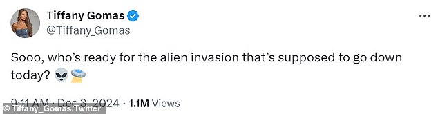 In a post to X on Tuesday, the 39-year-old wrote, 'Sooo, who’s ready for the alien invasion that’s supposed to go down today?'