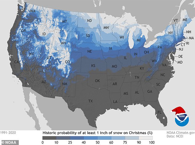 Gray areas have a low or no chance of seeing a white Christmas, states in blue have a moderate chance and light blue or white ares have a high chance