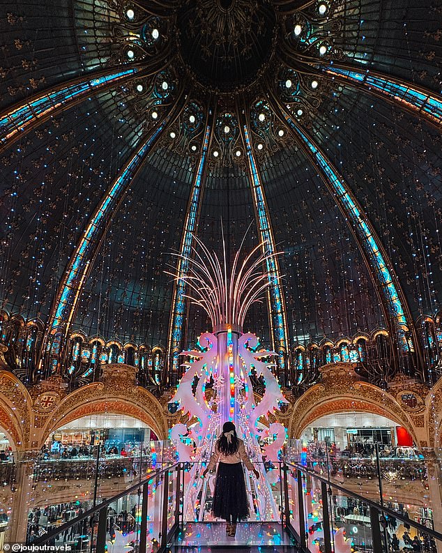 Jackie, pictured above at the Galeries Lafayette Haussmann department store, loved the 'beautiful' decorations in Paris