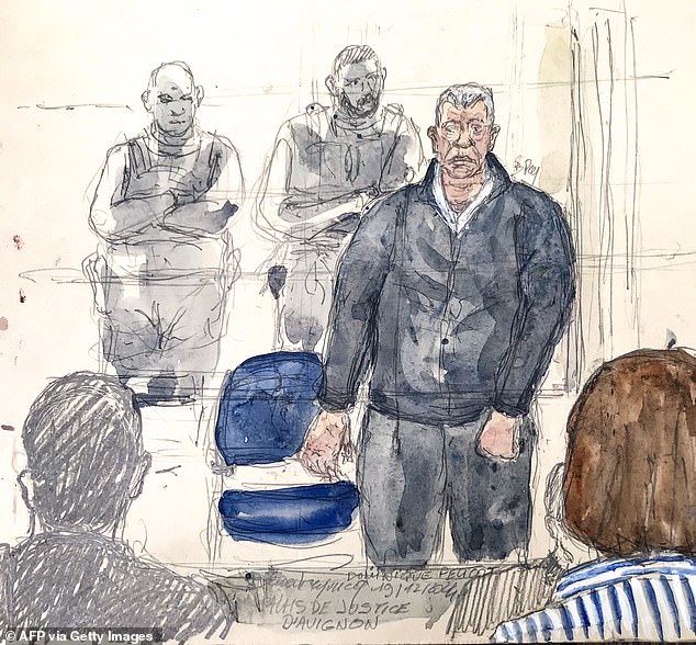 Mme Pelicot looked at each of the defendants as their verdicts were read out. This court sketch depicts her looking at her husband