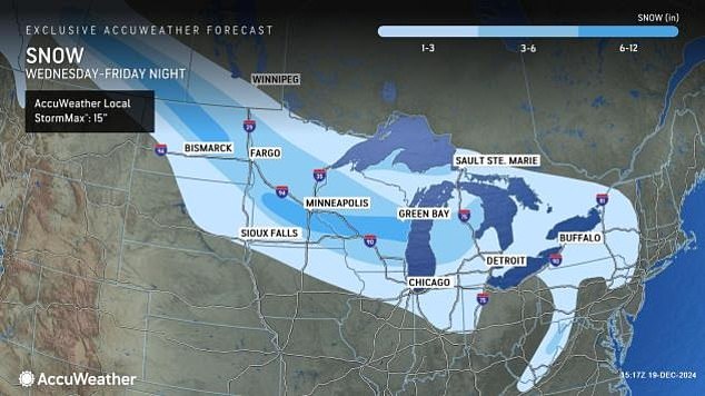 As of midday on Thursday, Fargo, North Dakota, Minneapolis and Madison, Wisconsin, have received a few inches of snow, AccuWeather reported. Chicago, Milwaukee and Detroit can also expect several inches of snowfall beginning Thursday evening into Friday morning