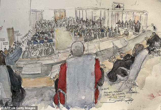 This court-sketch made on December 19, 2024 in Avignon shows the court during the hearing of the verdict of the court that sentenced Dominique Pelicot to the maximum term of 20 years jail