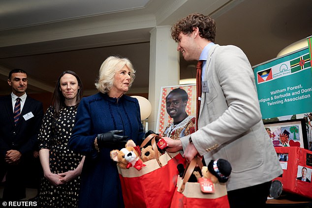 Camilla handed over two bags of Buckingham Palace teddy bears to community group Citizens UK who will donate the toys to local children