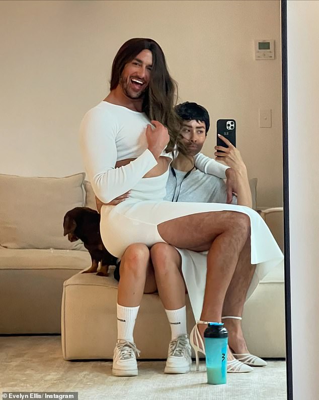 One cheeky photo had fans laughing, as Duncan playfully posed in a white dress, high heels, and a wig while sitting on Evelyn's lap