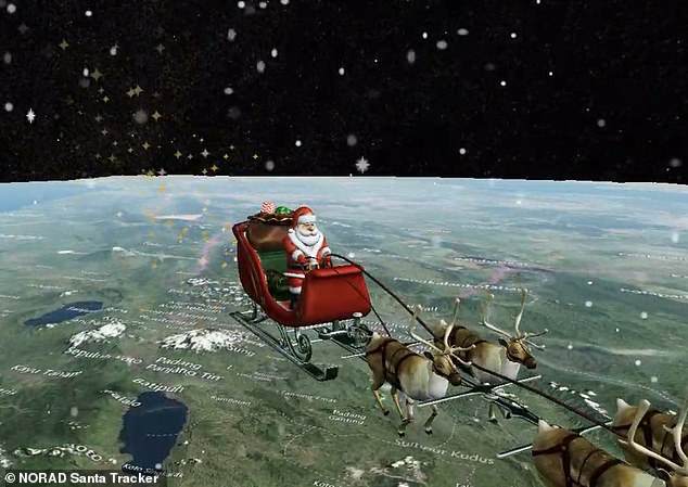 In order to make that journey, Santa would need to travel at a minimum speed of 5.1 million miles per hour (8.2 million kmph), or 0.8 per cent of the speed of light. Pictured: The NORAD Santa Tracker