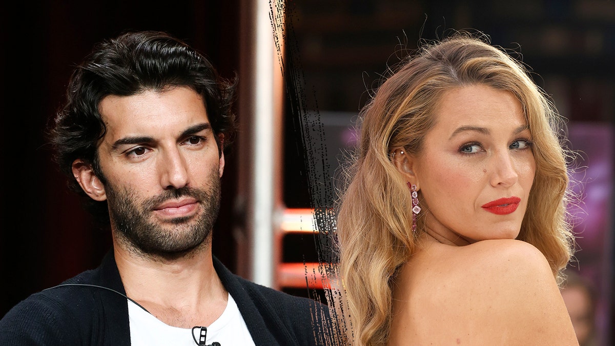 Justin Baldoni in a white t-shirt and black sweater looks serious to his left split Blake Lively looks over her shoulder in a sparkly dress with red feathers