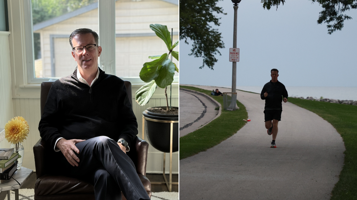 Split image of Gamblin sitting, running