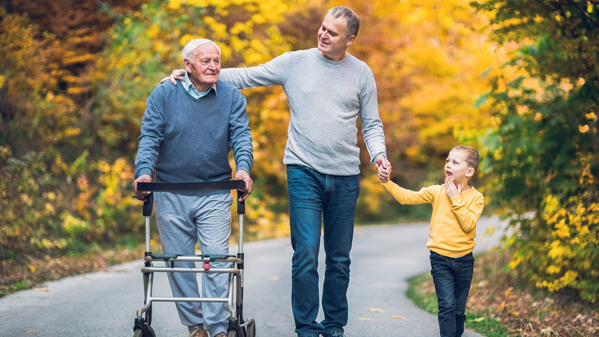 Elderly father adult son and grandson out for a walk in the park.