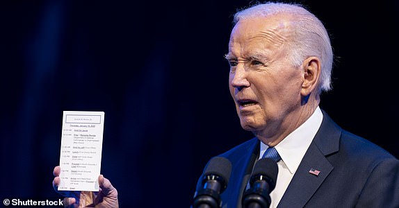 Mandatory Credit: Photo by Shutterstock (15104713y) United States President Joe Biden holds his daily schedule while delivering remarks at a Department of Defense Commander in Chief Farewell Ceremony at Joint Base Myers-Henderson Hall in Arlington, Virginia. President Joe Biden Attends Commander in Chief Farewell Ceremony in Arlington, Virginia, Arlington, Virginia, USA - 16 Jan 2025