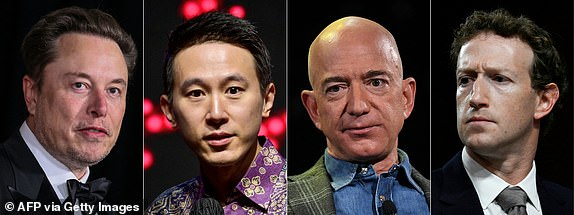 (COMBO) This combination of pictures created on January 15, 2025 shows South African businessman Elon Musk (L) in Los Angeles, on April 13, 2024, TikTok CEO Shou Zi Chew (2L) in Jakarta on June 15, 2023, Amazon Founder and CEO Jeff Bezos (2R) in Las Vegas, Nevada on June 6, 2019 and Mark Zuckerberg (R), CEO of Meta, in Washington, DC, on January 31, 2024. The chief executive of social media giant TikTok will attend Donald Trump's inauguration on Janauary 20, US media said, as the incoming president reportedly weighs saving the app from a likely ban on US operations. Shou Chew will join several other high-profile social media and tech moguls reported to be attending the January 20 ceremony, including Tesla, X and SpaceX CEO Elon Musk, Amazon founder Jeff Bezos and Meta's Mark Zuckerberg. (Photo by AFP) (Photo by ETIENNE LAURENTBAY ISMOYOMARK RALSTONANDREW CABALLERO-REYNOLDS/AFP via Getty Images)