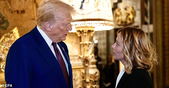 epa11806740 A handout picture made available by the Chigi Palace (Palazzo Chigi) Press Office shows Italian Prime Minister Giorgia Meloni (R) meeting with US President-elect Donald Trump at his residence in Mar-a-Lago resort, Palm Beach, Florida, USA, 04 January 2025 (issued 05 January 2025).  EPA/FILIPPO ATTILI/CHIGI PALACE PRESS OFFICE HANDOUT HANDOUT EDITORIAL USE ONLY/NO SALES