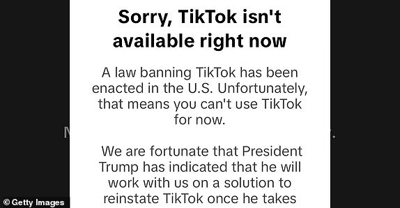WASHINGTON, DC - JANUARY 19: The screen of social media app TikTok for users in the U.S. is shown in this mobile phone screenshot January 19, 2025 in Washington, DC.  Late in the evening of January 18, TikTok became unavailable to users in the United States, due to law that banned the app within the country unless China-based parent company ByteDance agreed to sell to a non-Chinese-buyer.   (Photo by Daniel Pierce Wright/Getty Images)