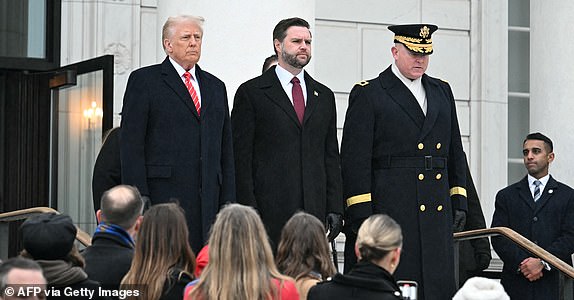 US President-elect Donald Trump and Vice President-elect J.D. Vance arrive to participate in a wreath laying ceremony at the Tomb of the Unknown Soldier at Arlington National Cemetery in Arlington, Virginia, on January 19, 2025. (Photo by Jim WATSON / AFP) (Photo by JIM WATSON/AFP via Getty Images)