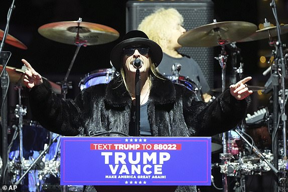 Kid Rock performs before President-elect Donald Trump arrives to speak at a rally ahead of the 60th Presidential Inauguration, Sunday, Jan. 19, 2025, in Washington. (AP Photo/Matt Rourke)