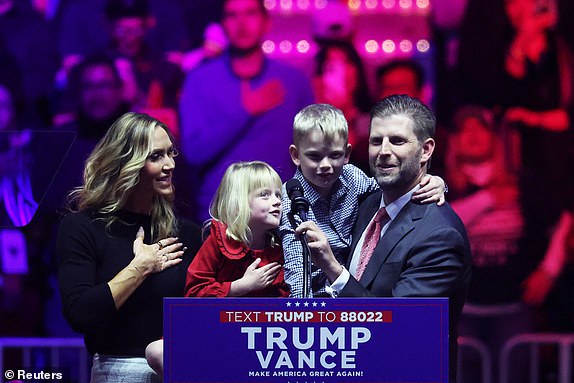 Eric Trump, his wife Lara Trump?, son Luke and daughter Carolina, attend a rally for U.S. President-elect Donald Trump, the day before he is scheduled to be inaugurated for a second term, in Washington, U.S., January 19, 2025. REUTERS/Evelyn Hockstein