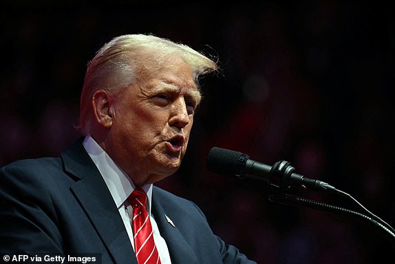 US President-elect Donald Trump speak at a MAGA victory rally at Capital One Arena in Washington, DC on January 19, 2025, one day ahead of his inauguration ceremony. (Photo by Jim WATSON / AFP) (Photo by JIM WATSON/AFP via Getty Images)