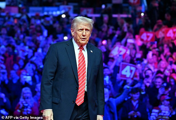 US President-elect Donald Trump arrives to speak at a MAGA victory rally at Capital One Arena in Washington, DC on January 19, 2025, one day ahead of his inauguration ceremony. (Photo by Jim WATSON / AFP) (Photo by JIM WATSON/AFP via Getty Images)