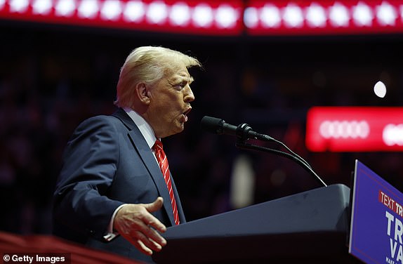 WASHINGTON, DC - JANUARY 19: President-Elect Donald Trump speaks at his victory rally at the Capital One Arena on January 19, 2025 in Washington, DC.  Trump will be sworn in as the 47th U.S. president on January 20. (Photo by Anna Moneymaker/Getty Images)