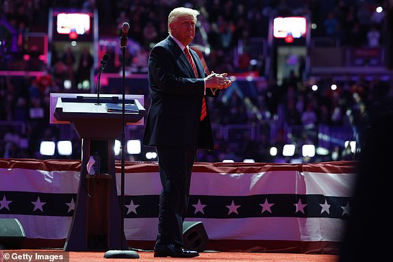 WASHINGTON, DC - JANUARY 19: President-Elect Donald Trump speaks at his victory rally at the Capital One Arena on January 19, 2025 in Washington, DC.  Trump will be sworn in as the 47th U.S. president on January 20. (Photo by Anna Moneymaker/Getty Images)