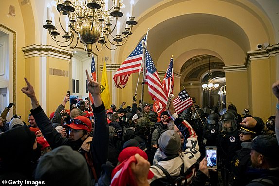 WASHINGTON, DC - JANUARY 6: Supporters of US President Donald Trump protest inside the US Capitol on January 6, 2021, in Washington, DC. - Demonstrators breeched security and entered the Capitol as Congress debated the 2020 presidential election Electoral Vote Certification. (Photo by Brent Stirton/Getty Images)