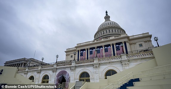 Mandatory Credit: Photo by Bonnie Cash/UPI/Shutterstock (15108348w) The West Front of the U.S. Capitol, where the presidential inauguration traditionally takes place, is decorated in Washington, DC on Sunday, January 19, 2025. The 2025 Presidential Inauguration, which President-elect Donald Trump announced would be held in the U.S. Capitol Rotunda due to expected freezing temperatures, is only the second inauguration to be held indoors due to weather concerns. 2025 Presidential Moved Indoors in Washington, DC Over Weather Concerns, District of Columbia, United States - 19 Jan 2025