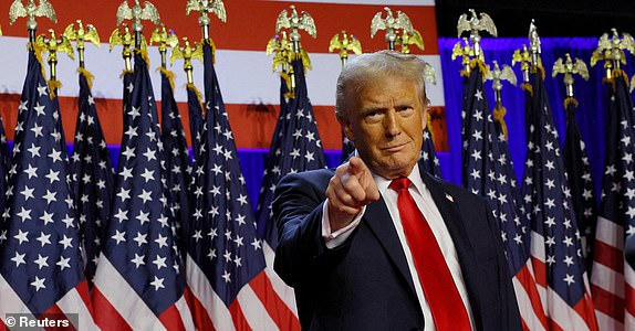 FILE PHOTO: Republican presidential nominee and former U.S. President Donald Trump takes the stage to address supporters at his rally, at the Palm Beach County Convention Center in West Palm Beach, Florida, U.S., November 6, 2024. REUTERS/Brian Snyder/File Photo