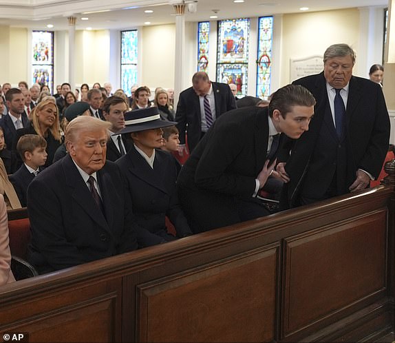 President-elect Donald Trump, Melania Trump and Barron Trump, Victor Knavs arrive for a service at St. John's Church, Monday, Jan. 20, 2025, in Washington, ahead of the 60th Presidential Inauguration. At left are Vice President-elect JD Vance and Usha Vance.(AP Photo/Evan Vucci)