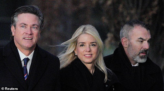 Former Florida Attorney General Pam Bondi arrives for a service at St. John's Church on Inauguration Day of Donald Trump's second presidential term in Washington, U.S. January 20, 2025. REUTERS/Jeenah Moon