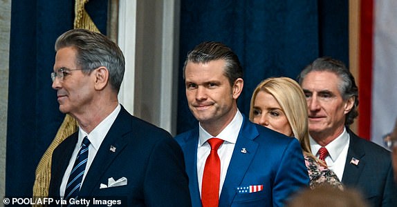 Pete Hegseth(C) arrives before the inauguration of Donald Trump as the 47th president of the United States takes place inside the Capitol Rotunda of the U.S. Capitol building in Washington, D.C., Monday, January 20, 2025. (Photo by Kenny Holston/The New York Times / POOL / AFP) (Photo by KENNY HOLSTON/THE NEW YORK TIMES/POOL/AFP via Getty Images)