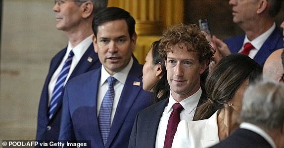 CEO of Meta, Mark Zuckerberg (C) attends the inauguration ceremony where Donald Trump will sworn in as the 47th US President in the US Capitol Rotunda in Washington, DC, on January 20, 2025. (Photo by Julia Demaree Nikhinson / POOL / AFP) (Photo by JULIA DEMAREE NIKHINSON/POOL/AFP via Getty Images)