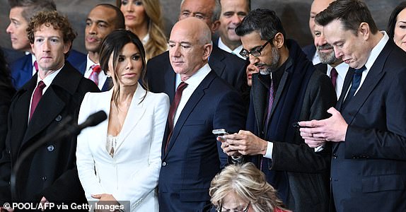 (L-R) CEO of Meta and Facebook Mark Zuckerberg, Lauren Sanchez, Amazon founder Jeff Bezos, Google CEO Sundar Pichai and Tesla and SpaceX CEO Elon Musk attend the inauguration ceremony before Donald Trump is sworn in as the 47th US President in the US Capitol Rotunda in Washington, DC, on January 20, 2025. (Photo by SAUL LOEB / POOL / AFP) (Photo by SAUL LOEB/POOL/AFP via Getty Images)