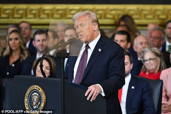 US President Donald Trump speaks after being sworn in as the 47th President in the US Capitol Rotunda in Washington, DC, on January 20, 2025. (Photo by SAUL LOEB / POOL / AFP) (Photo by SAUL LOEB/POOL/AFP via Getty Images)