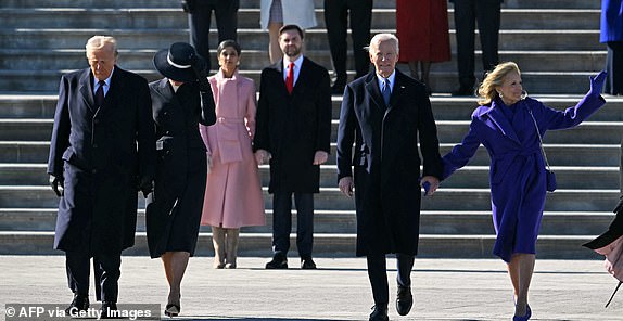 (L-R) US President Donald Trump, First Lady Melania Trumpm, US former President Joe Biden and former First Lady Jill Biden walks during a farewell ceremony outside the US Capitol on January 20, 2025, following Donald Trump's inauguration. (Photo by ANDREW CABALLERO-REYNOLDS / AFP) (Photo by ANDREW CABALLERO-REYNOLDS/AFP via Getty Images)