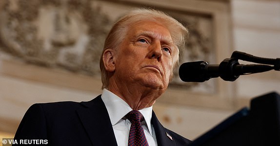 WASHINGTON, DC - JANUARY 20: U.S. President Donald Trump speaks during inauguration ceremonies in the Rotunda of the U.S. Capitol on January 20, 2025 in Washington, DC. Donald Trump takes office for his second term as the 47th president of the United States.     Chip Somodevilla/Pool via REUTERS