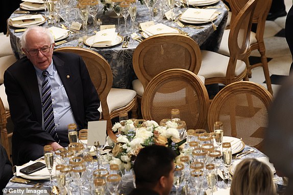 WASHINGTON, DC - JANUARY 20: Sen. Bernie Sanders (I-VT) sits at a table ahead of the inaugural luncheon on January 20, 2025 in Washington, DC. Donald Trump takes office for his second term as the 47th president of the United States. (Photo by Kevin Dietsch/Getty Images)